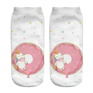 Cute 3D unicorn and donut print detail on soft white ankle socks for women and girls.