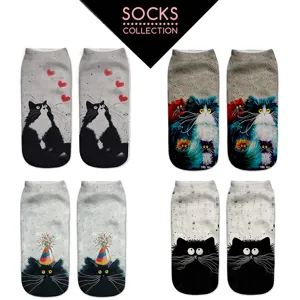 Harajuku 3D Print Cute Cat And Heart Short Socks Women Casual Breathable Polyester Crew Socks Fashion Daily