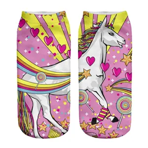Cute 3D printed unicorn socks for women colorful cartoon rainbow pattern casual short socks
