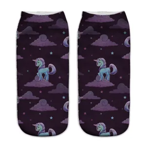Cute unicorn printed short socks for women, 3D star and cloud design, comfortable casual wear.