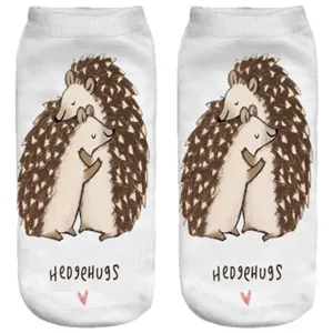 Cute hedgehog 3D print short socks for women, breathable cotton blend fabric, casual daily wear.