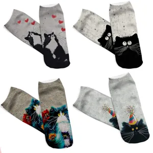 Cute 3D print cat ankle socks for women, harajuku style funny kitty cartoon low cut socks.