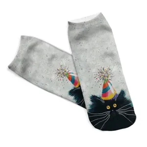 Cute 3D black cat print ankle socks for women, Harajuku style novelty cotton funny socks.