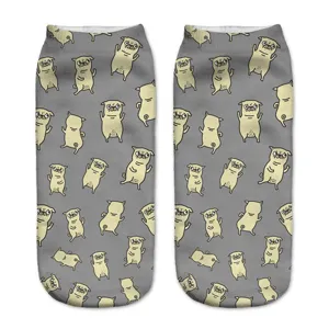 Cute cartoon pug print low cut socks for women, breathable casual grey ankle socks daily wear