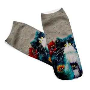 Detailed close-up view of vibrant 3D cute cat print pattern on soft fabric women fashion socks.
