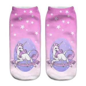 Calzini alla caviglia rosa con stampa unicorno da donna, calze corte casual 3D divertenti.