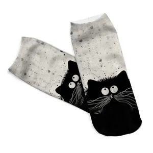 Detail view of 3D printed cute black cat socks, Harajuku style fashion women ankle socks.