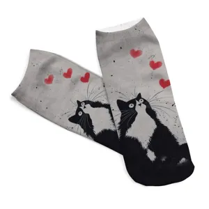 3D printed women socks feature cute black and white cat and red heart patterns for daily wear.