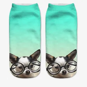 Cute 3D print funny dog short socks with teal gradient background for women daily wear.