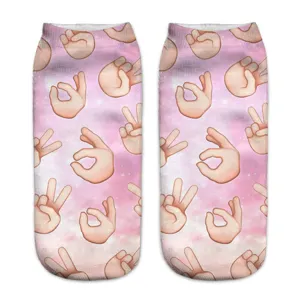 Mujeres lindas calcetines cortos impresión 3D divertido patrón de gesto mano rosa calcetín