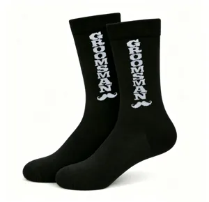 Black cotton crew socks with groomsman letter and mustache print for wedding men party gifts.