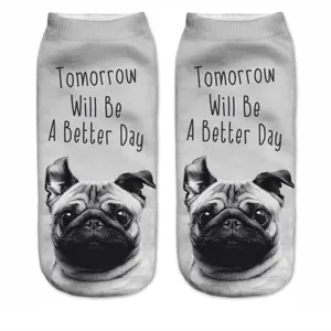 Close-up detail of cute pug dog print short ankle socks with inspirational English text.