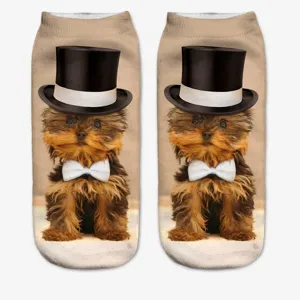 Novelty 3D printed cute dog funny short socks for women, fun animal pattern ankle socks.