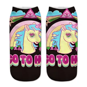 Divertidos calcetines cortos de unicornio con estampado 3D y arco iris para mujer.
