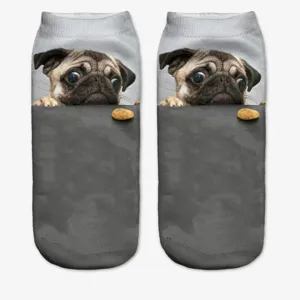 Cute 3D pug print short socks for women, funny animal novelty low cut ankle socks.
