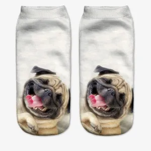 Funny 3D pug dog print ankle socks, soft breathable fabric, cute animal novelty casual socks.