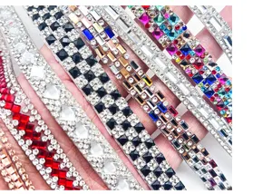 Close up detail of self-adhesive rhinestone strip crystal ribbon for DIY crafts and garments.