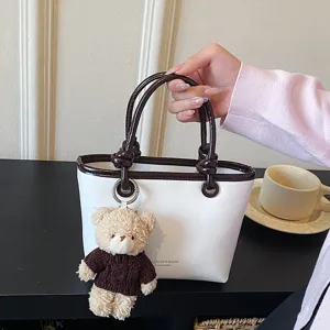 Women PU Leather Handbag Stylish Colorblock Shoulder Bag With Plush Bear Pendant Casual Tote Crossbody Bag