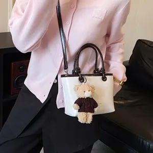 Korean style contrast color handbag women shoulder crossbody bag with cute bear pendant