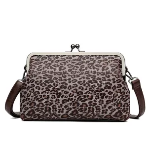 Borsa a tracolla leopardata con chiusura a bacio, elegante borsa retrò con struttura in metallo.