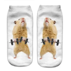 Close-up detail of the funny 3d hamster lifting weights print on the white socks surface.