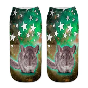 Close-up view of 3d chinchilla star print ankle socks, galaxy space pattern detail.