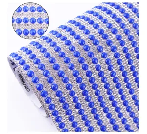 Self-adhesive blue ceramic rhinestone ribbon roll for DIY crafts, shoes and box decor.