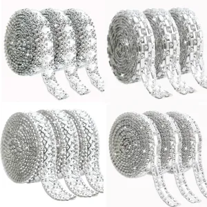Silver self-adhesive rhinestone ribbon rolls for DIY crafts, clothing and home decor.