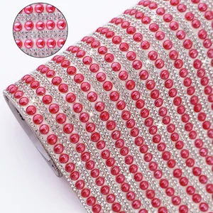 Self-adhesive red pearl and rhinestone trim ribbon DIY craft sticker for shoes and boxes.
