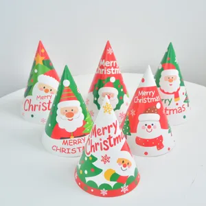 Christmas party cone hats set, festive Santa and snowman printed paper hats for holiday celebration.