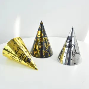 New Year Party Cone Paper Hat Gold Stamped Happy New Year Festive Decoration Photo Props Headwear For Celebration