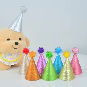 Colorful Glitter Pom-Pom Birthday Hat Adult Kids Pet Universal Party Hat Shining Cone Hats Celebration Supplies