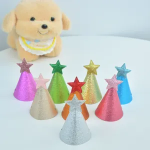 Colorful glitter star cone party hats for kids birthday celebration and festive holiday decoration.