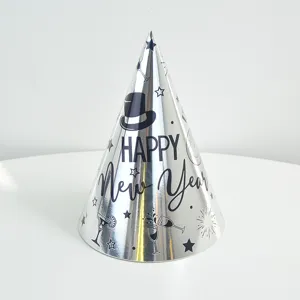 Silver foil paper party hat with Happy New Year text for holiday celebration events.