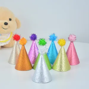 Colorful glitter party hats with pom poms, sparkly cone hats for kids, adults and pets.