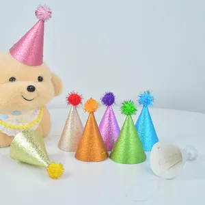 Colorful glitter pom pom party hats detail shot, perfect for kids, adults and pets party.