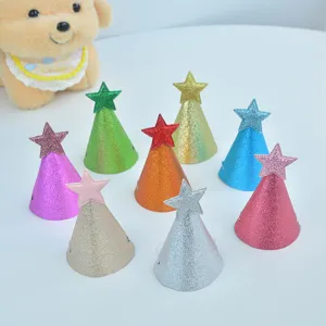 Colorful glitter cone party hats with star topper for kids birthday celebrations and events.