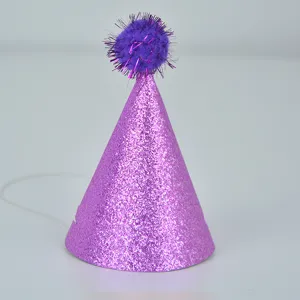 Purple glitter pom-pom birthday hat for adults, kids and pets party celebration.