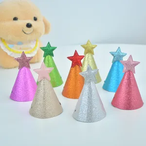 Glitter star cone party hats for kids birthday celebrations, colorful shimmering hats with stars.