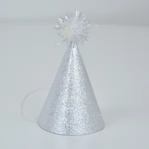 Silver glitter cone party hat with fluffy pom pom for kids adults and pets birthday