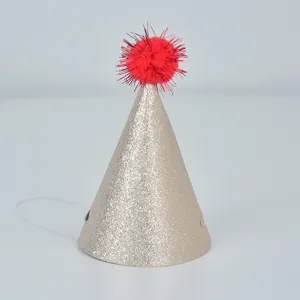 Gold glitter party hat with red pom pom for adult, kids and pets birthday celebration