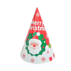 Christmas party paper cone hat with Santa Claus and festive Merry Christmas print design for kids.