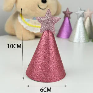 Pink glitter cone party hat with star for kids birthday celebration, 10x6cm children decor.
