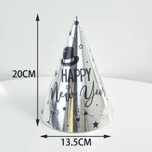 Silver paper party cone hat with New Year text and prints, 20x13.5cm festive decor.