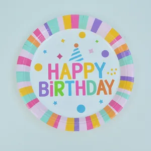 Piatto di carta colorato a righe ideale per feste di compleanno e decorazioni.