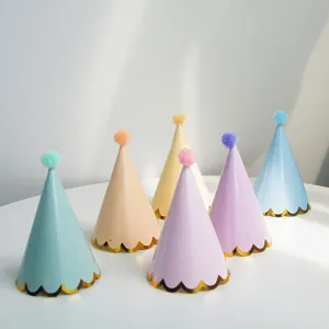 Macaron Color Cone Party Hats Foil Stamping Wave Edge Birthday Hats With Pom Pom And Gold Cord Party Decoration Supplies