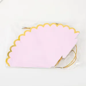 Pink party decoration scalloped paper fan with gold edge and hanging string for celebration events