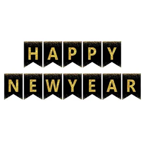 Black gold glitter Happy New Year banner swallowtail flags for holiday party decoration.
