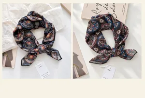 Detailansicht der bedruckten Vintage Seidenschals, elegante Retro Halstücher Accessoires.