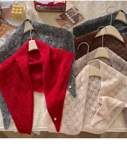 Chique opengewerkte gebreide driehoekige sjaal van effen wol voor dames, herfst en winter halsdoek.